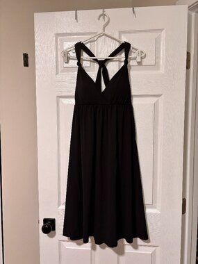 Black Halter Fit & Flare Dress | Open Back Sleeveless Dress (Large)